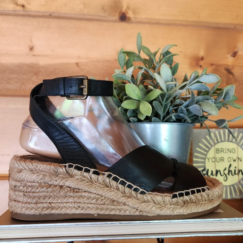 Nine West 💜 Edwisha Espadrilles Wedge Platform Sandals Black Leather Shoe 6.5 M